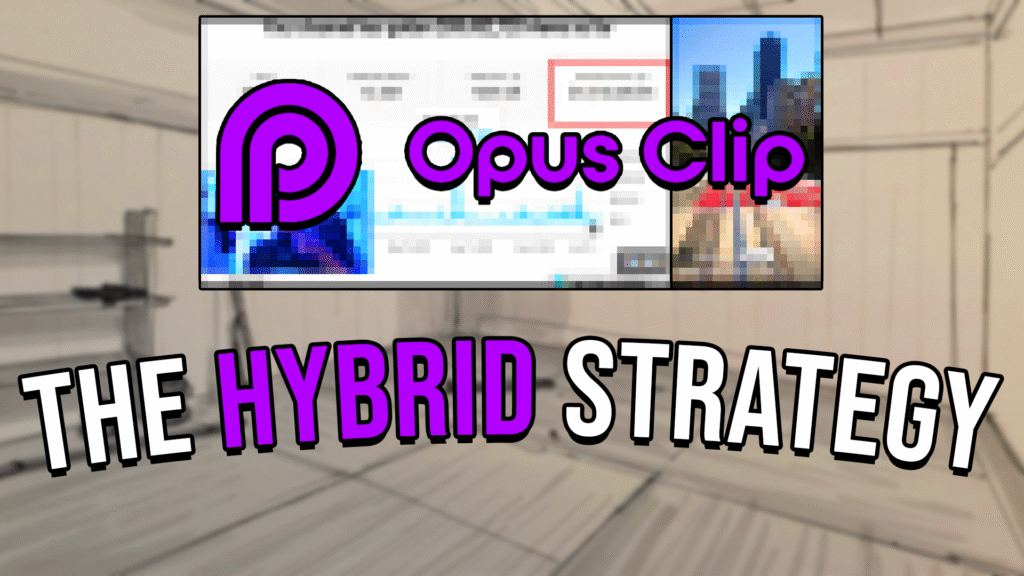 A photo with a blurred YouTube Video and a blurred YouTube Short with Opus Clip on top of them with text that says "The Hybrid Strategu"